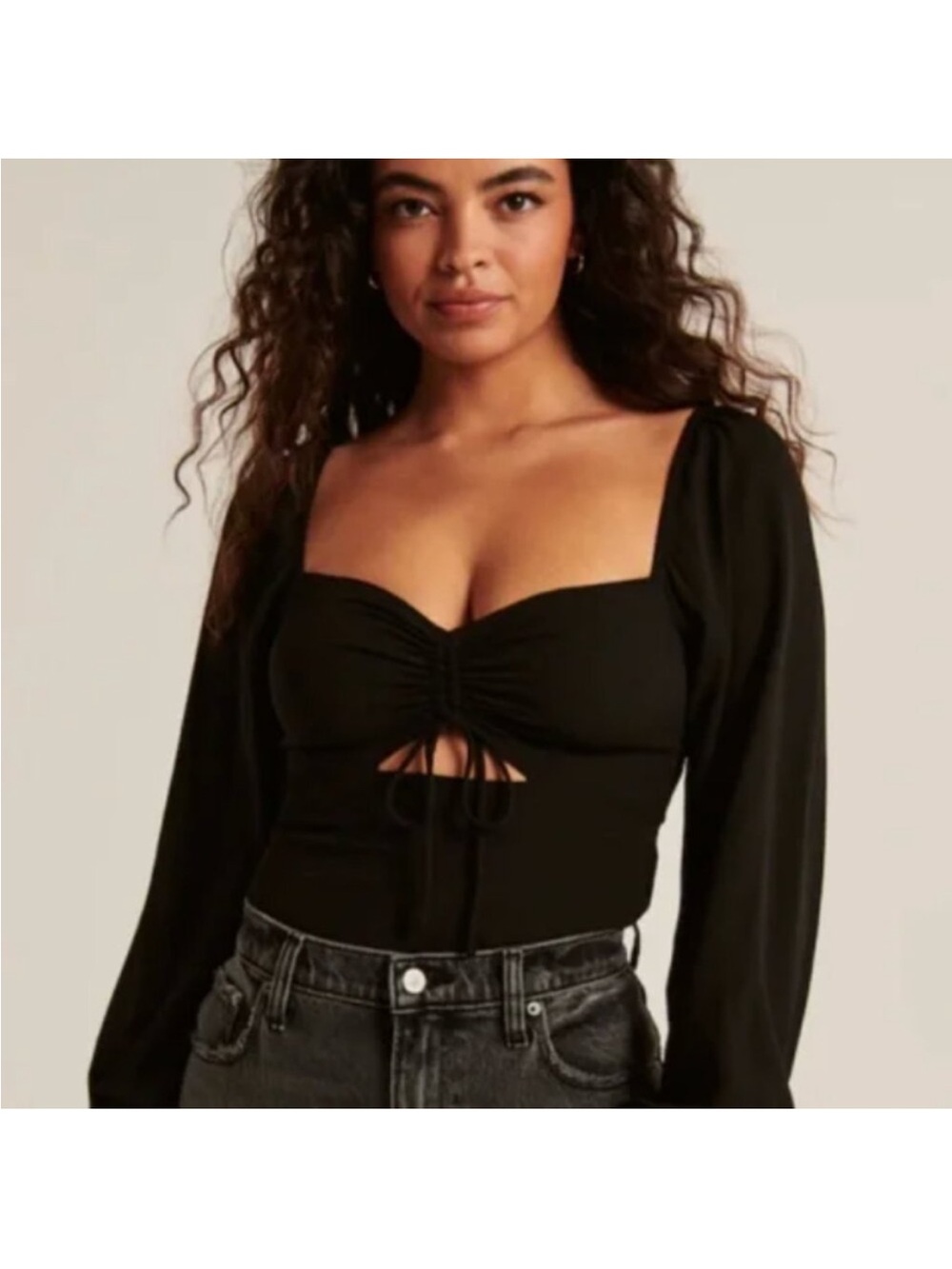Black Long-Sleeve Ruched Front Crop Top - Women’s Abercrombie